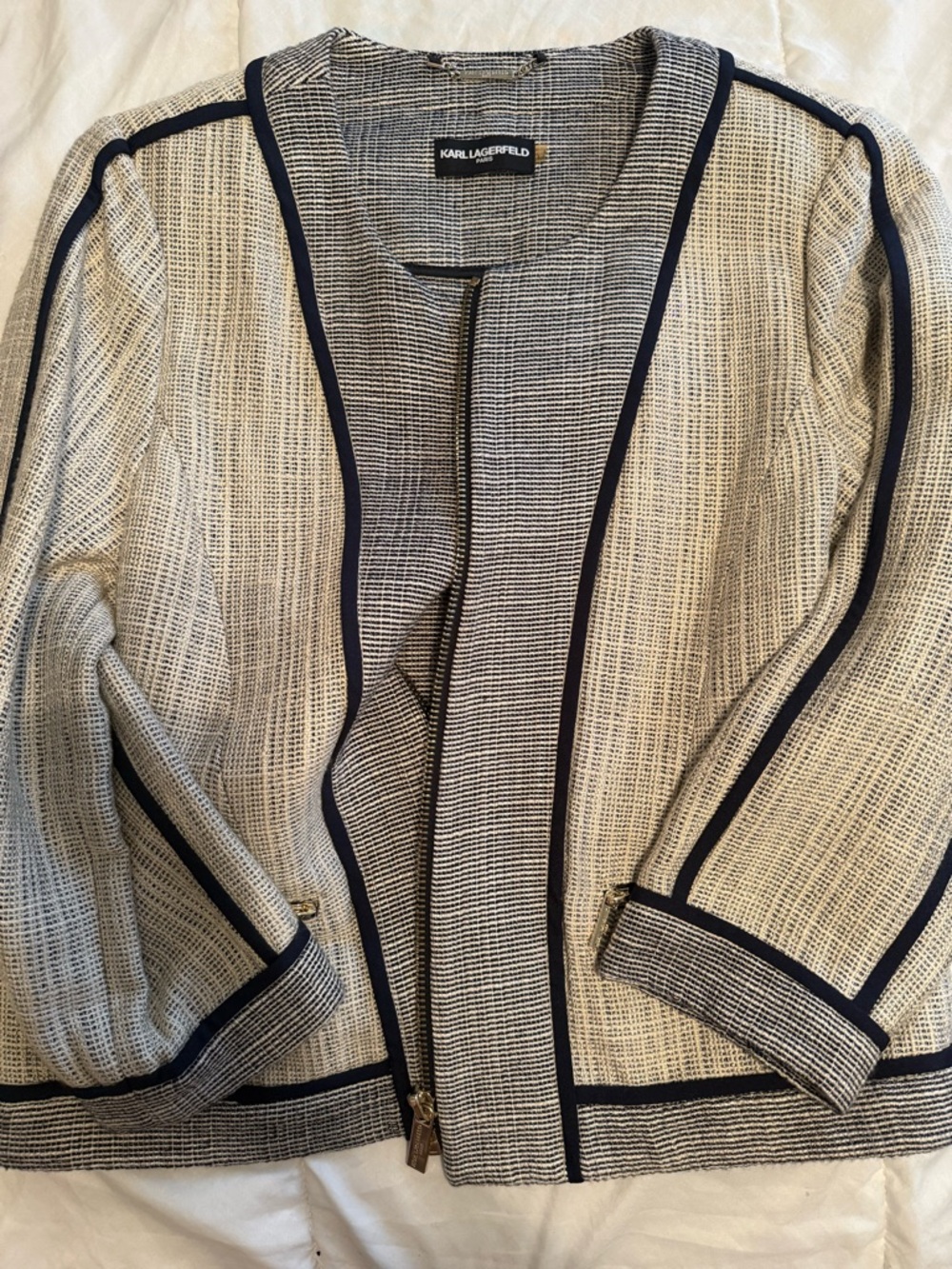 Karl Lagerfeld Cream and Navy Textured Open-Front Jacket